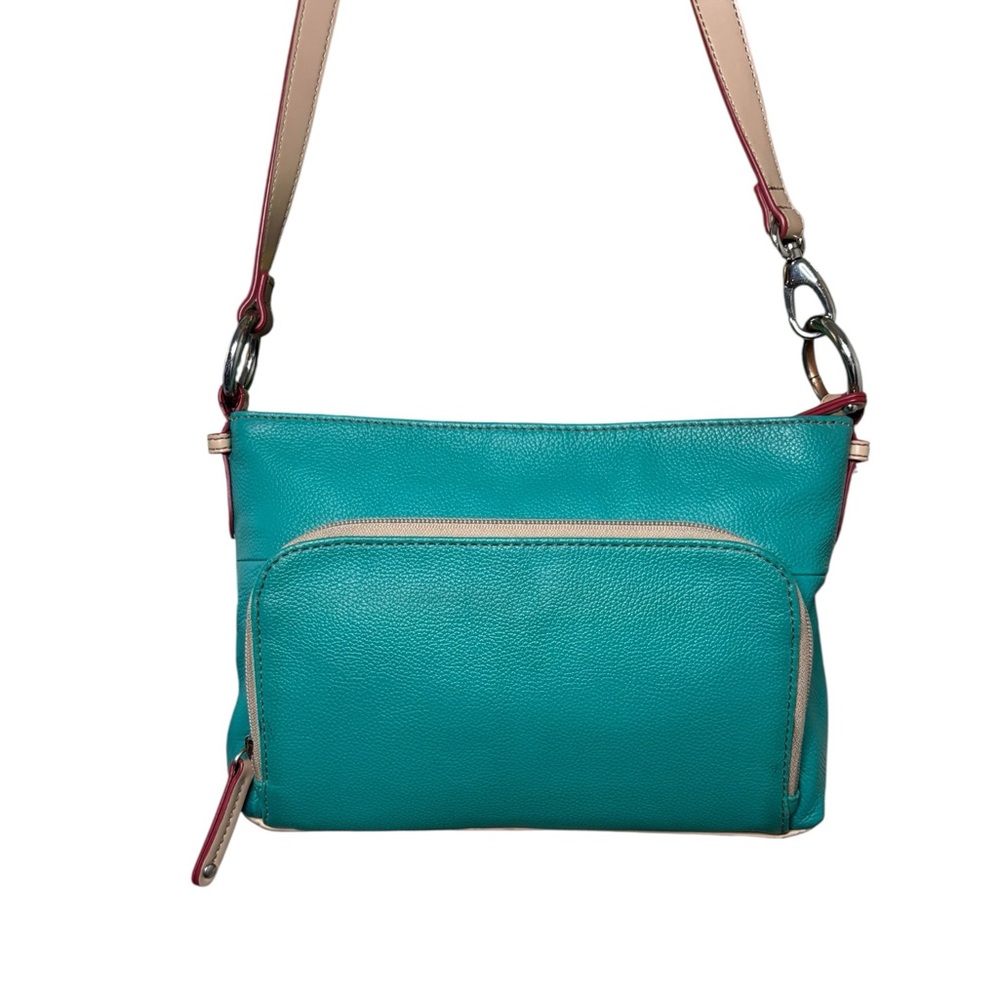 Tignanello Leather Crossbody Teal Tan Colorblock 10x7 Multi Pocket - Picture 4 of 9